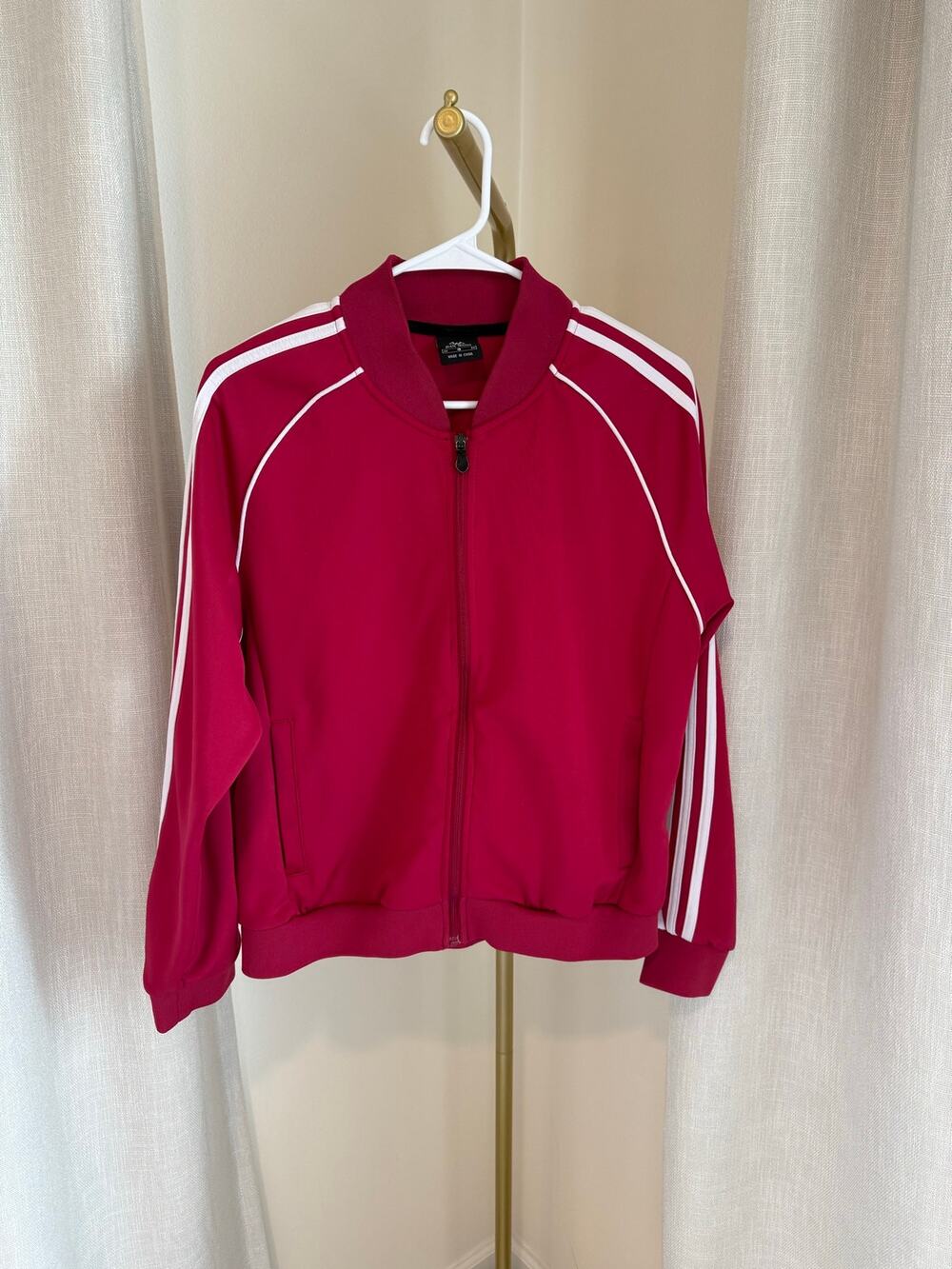 Jian Wang Bomber Jacket Women's Large Red White 3-Striped Raglan Sleeve Full Zip